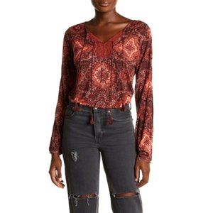 Lucky Brand Rust Boho Peasant Longsleeve Tie Top